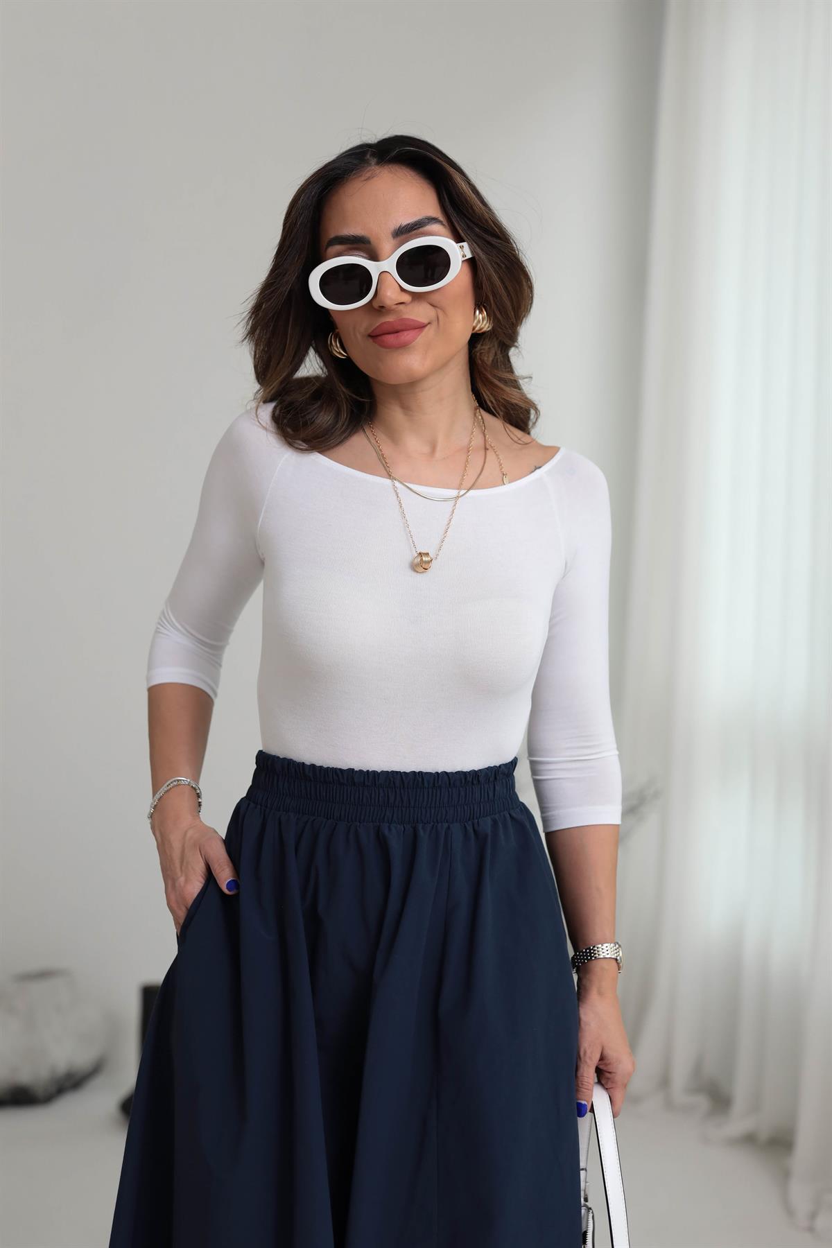 0816 Kayık Yaka Bodysuit BEYAZ