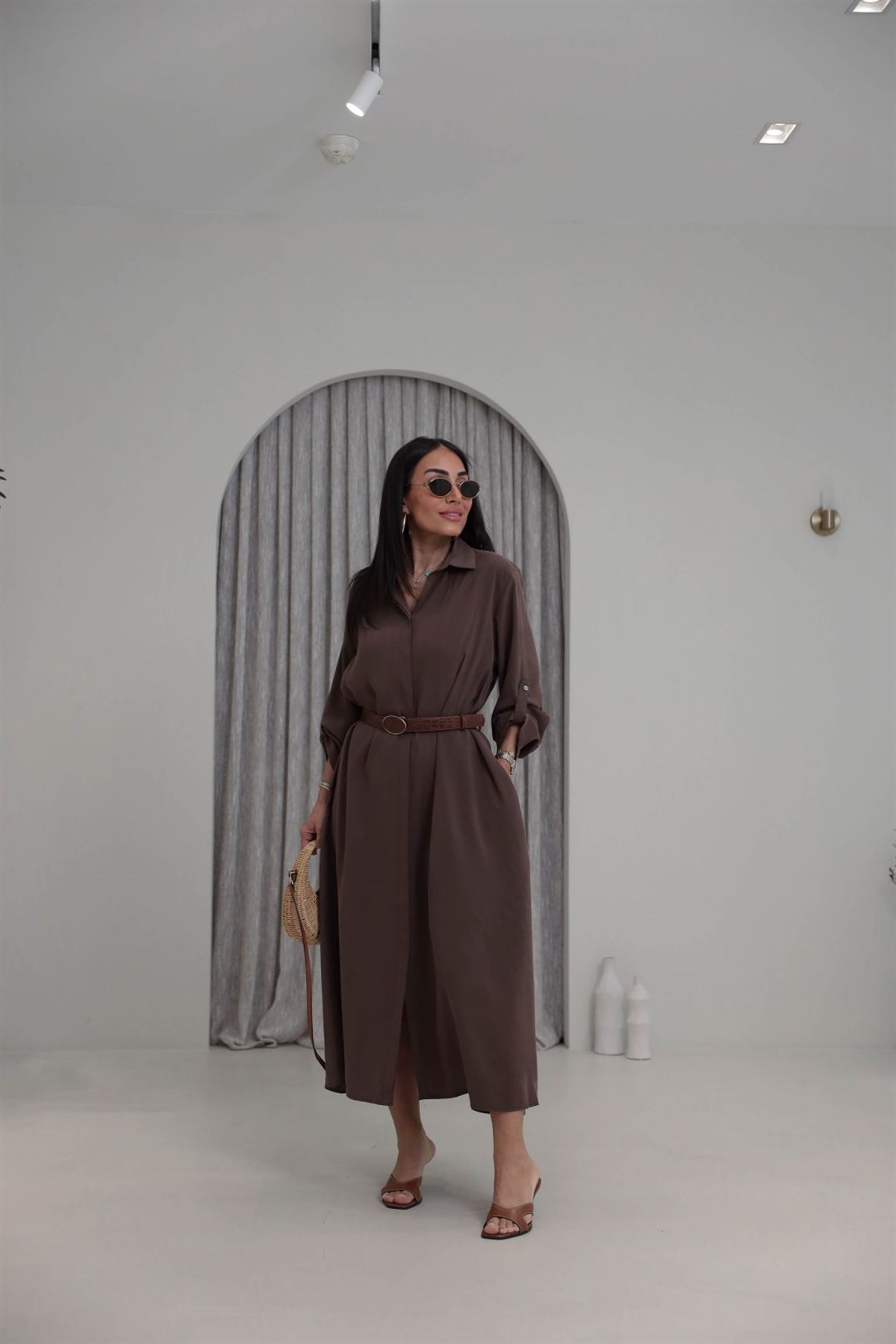 3270 Kemer Detaylı Tencel Kumaş Gömlek Elbise KAHVE