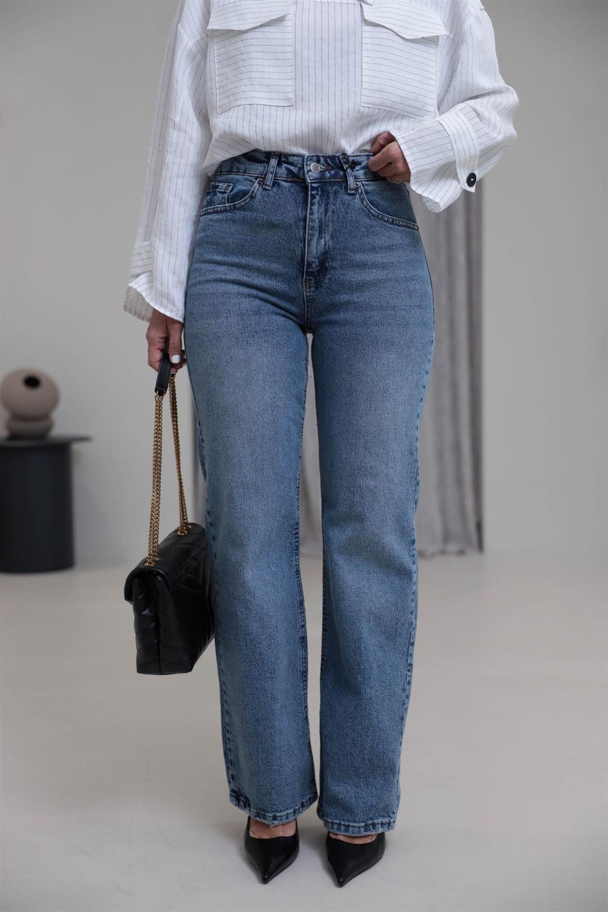 1005 Yüksek Bel Pamuklu Wide Leg Jean ORTA MAVİ
