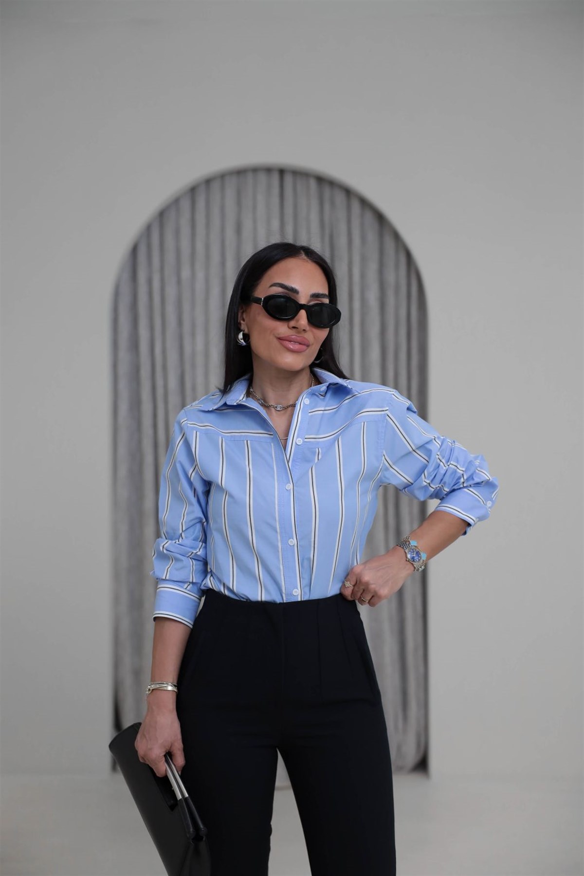 7434 Vatkalı Yanları Düğmeli Çizgili Gömlek MAVİ