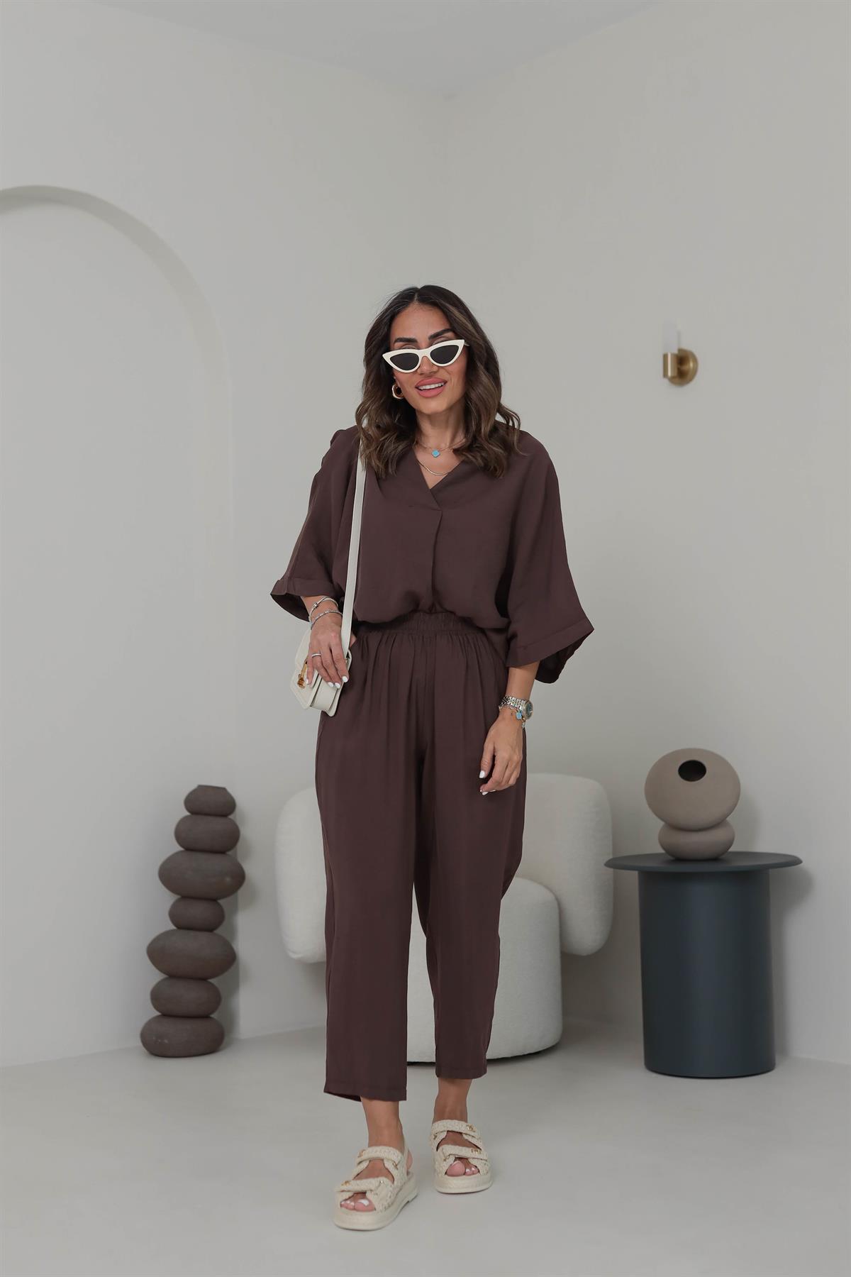 3077 Düşük Kol Tencel Kumaş Takım KAHVE