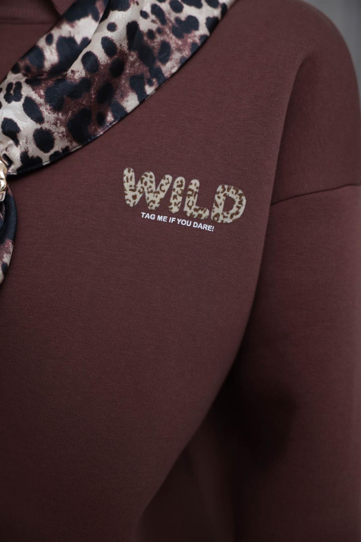 0613 Polo Yaka Fular Detaylı Şardonlu Sweatshirt KAHVE