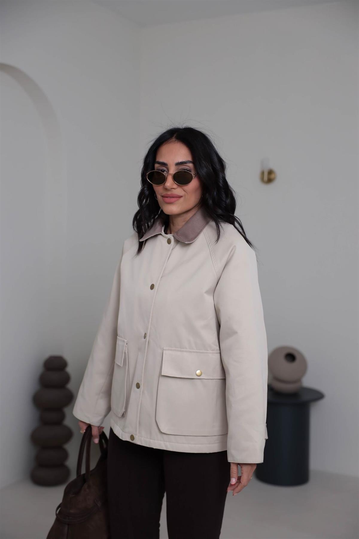 0213 Kadife Yakalı Trençkot KREM