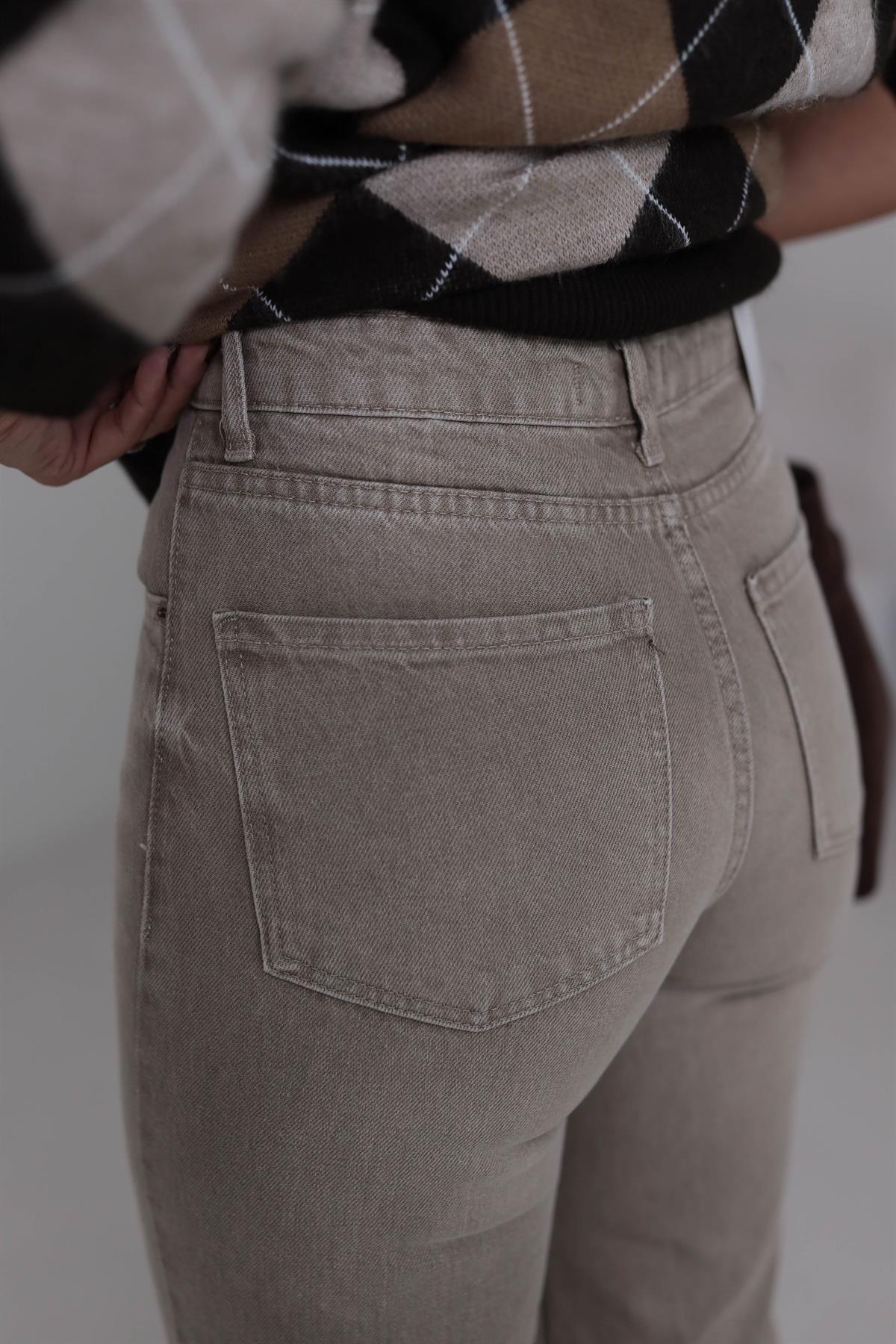 Za Yüksek Bel Palazzo Jean Taşlamalı Bej