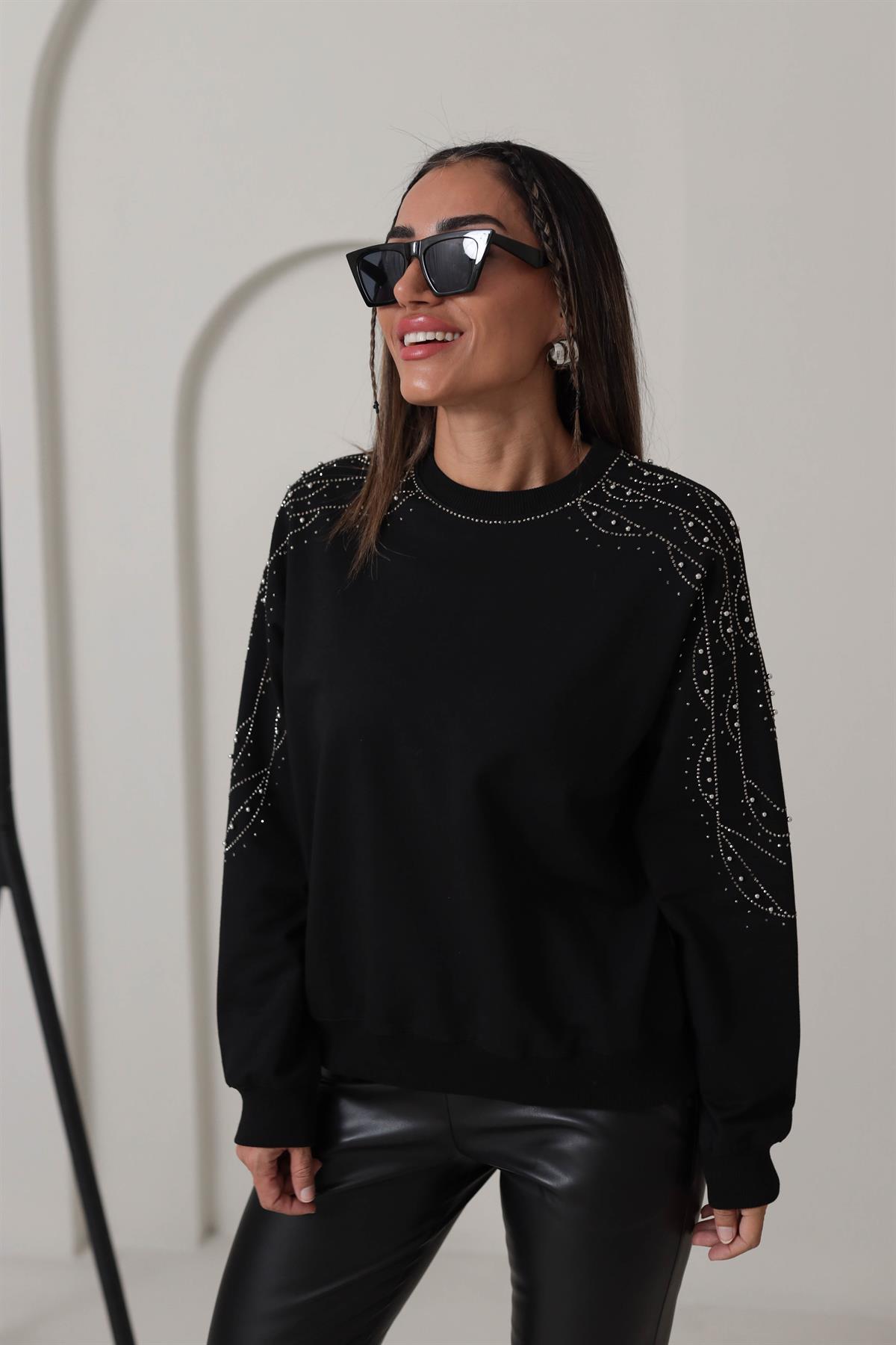 5305 Kolları Taş İşlemeli Sweatshirt