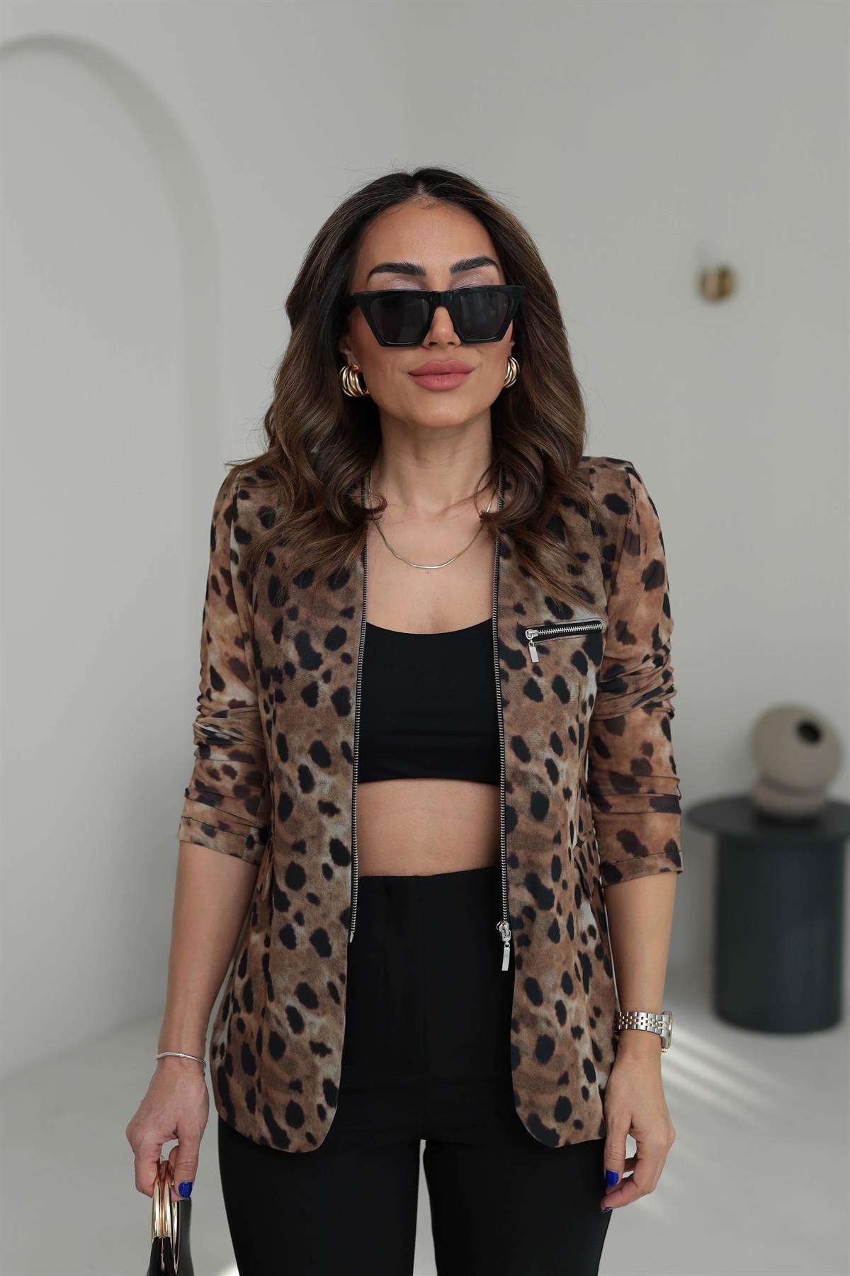 7023 Leopar Desen Fermuar Detaylı Tül Ceket LEOPAR