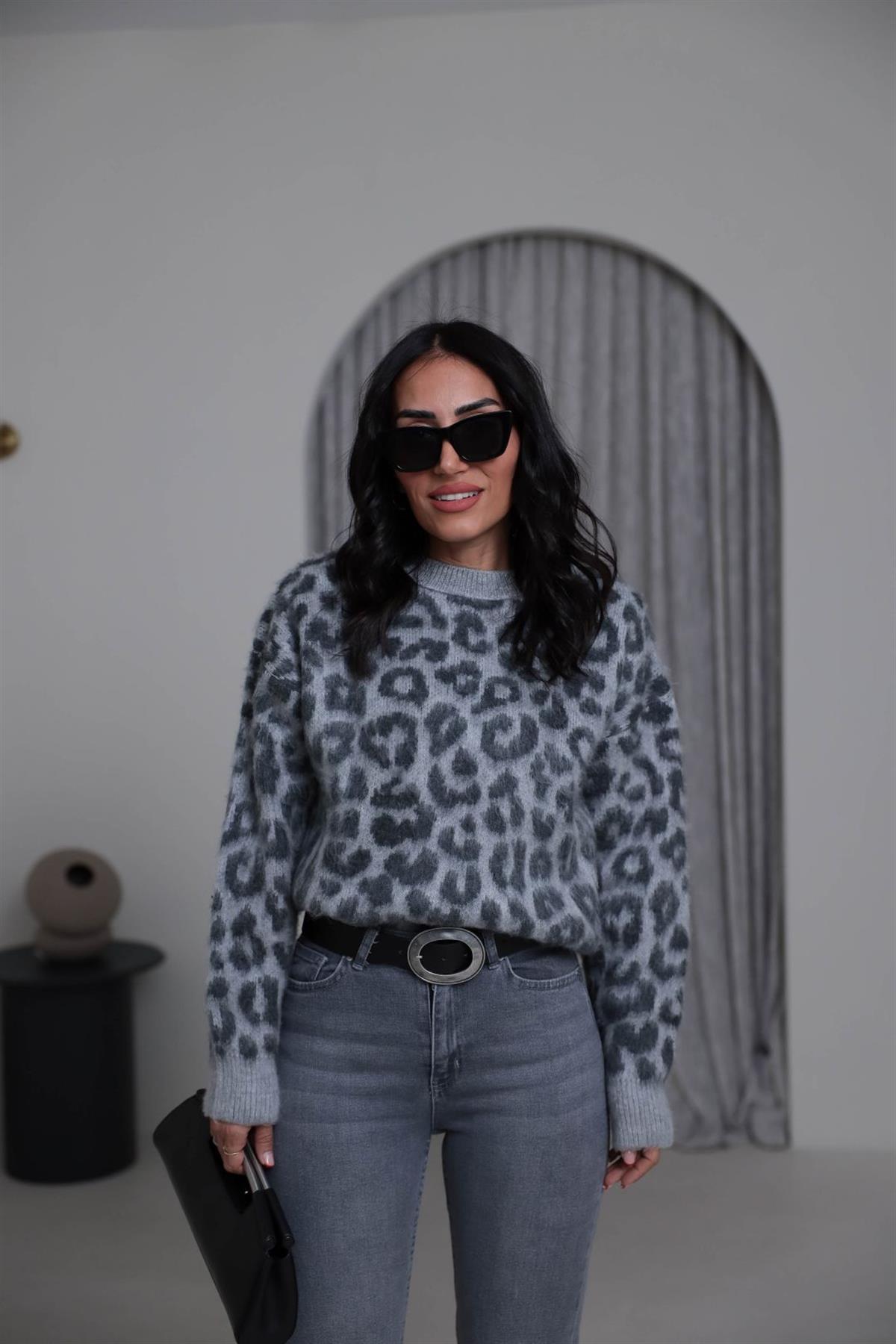 4561 Bisiklet Yaka Leopar Kazak GRİ