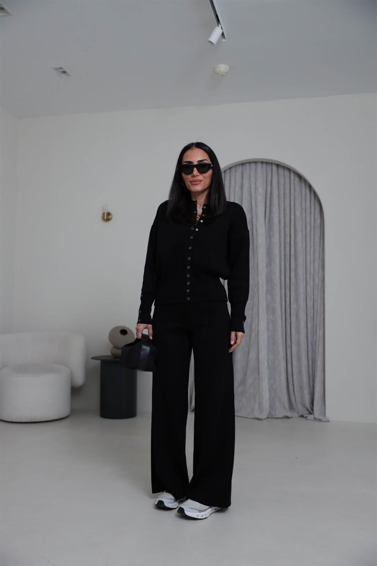 0129 Bisiklet Yaka Çıtçıt Detaylı Triko Takım SİYAH