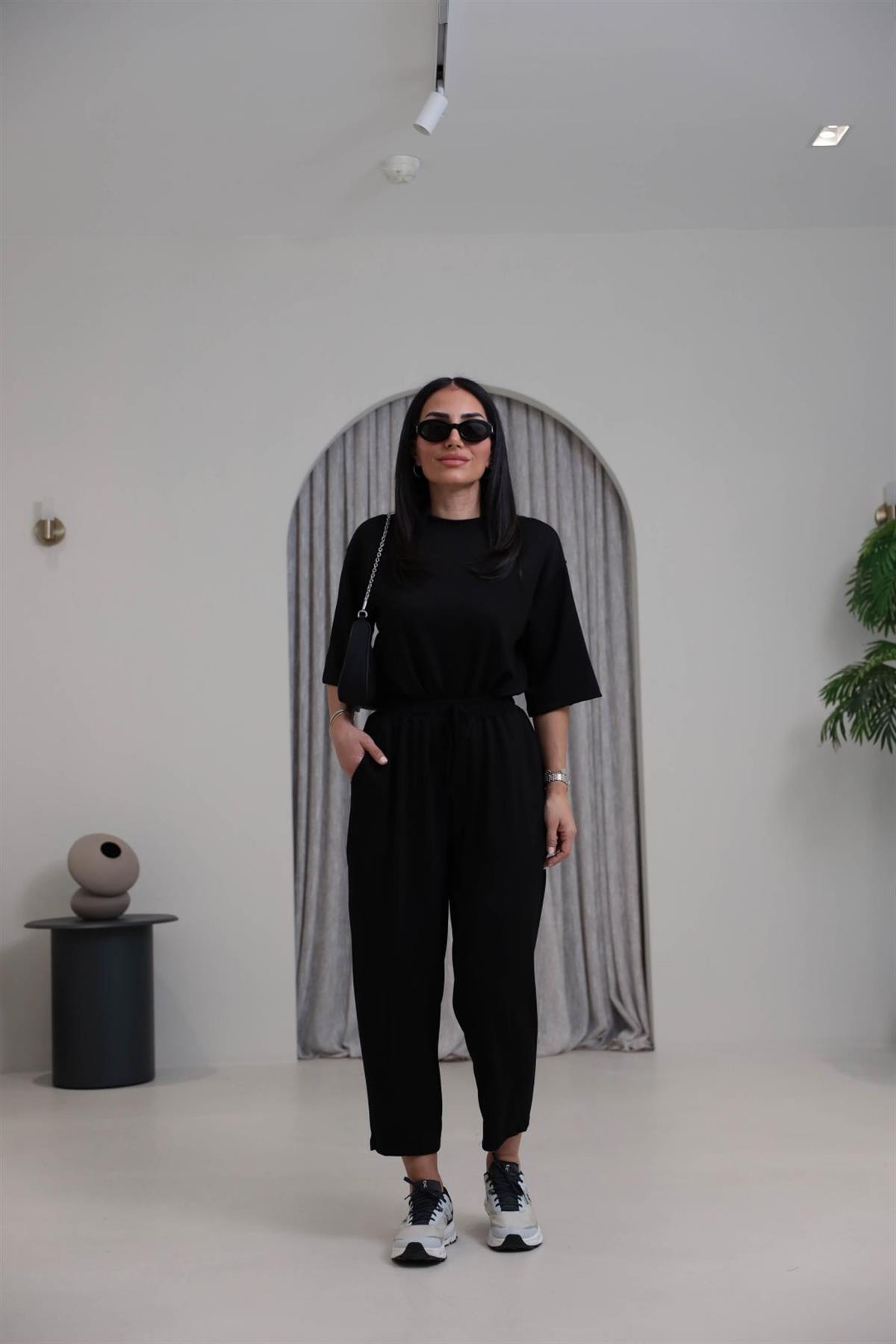 2485 Yanları Yırtmaçlı Kısa Kol Modal Takım SİYAH