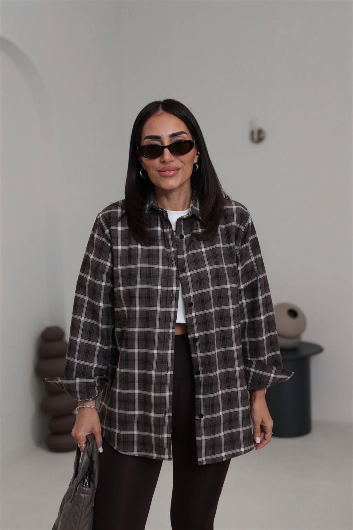 6835 Oversize Kareli Oduncu Gömlek KAHVE