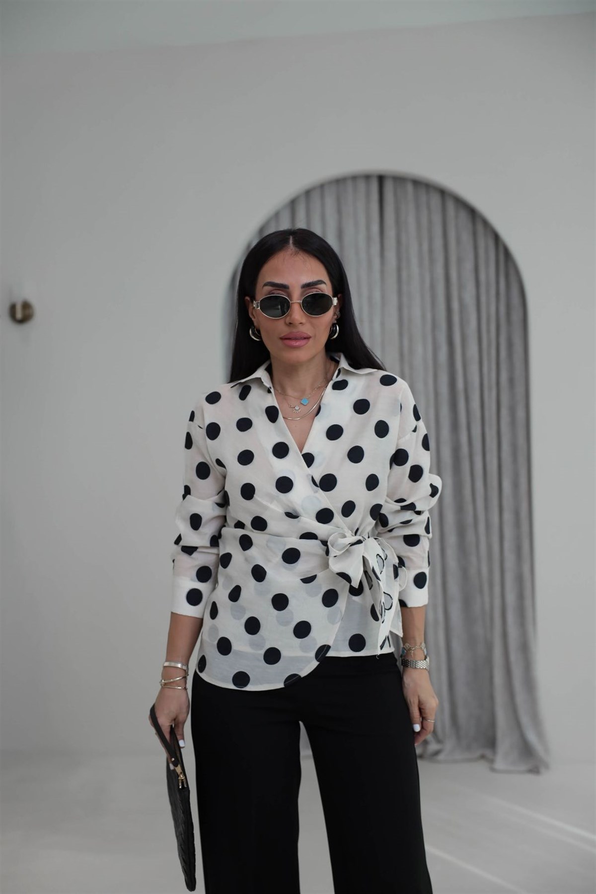 1414 Puantiyeli Bağlamalı Viskon Gömlek BEJ