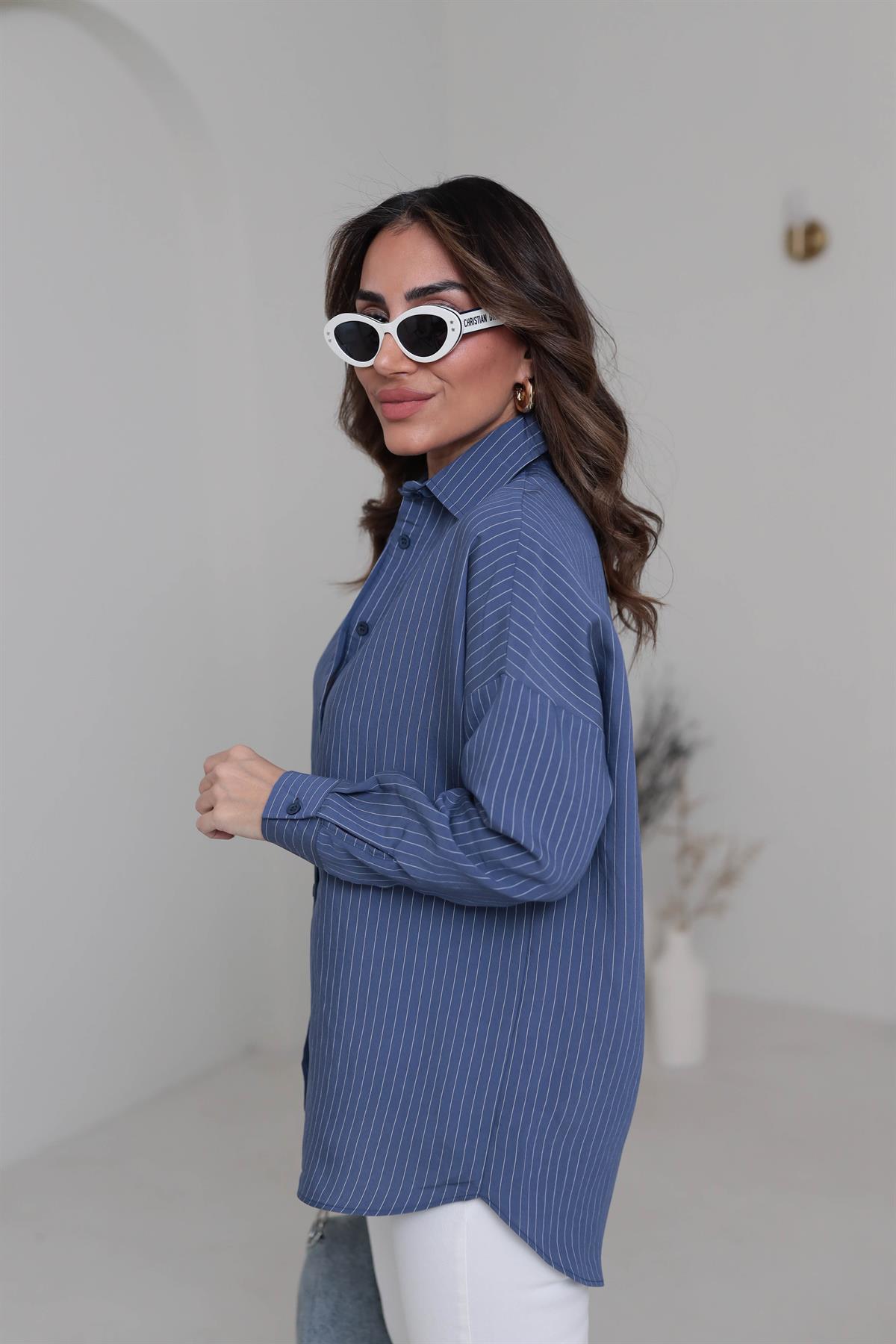 020 Çizgili Tencel Gömlek Indigo