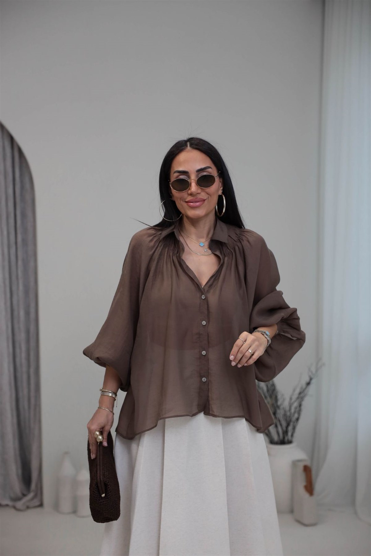 5018 Büzgü Detaylı Tencel Gömlek KAHVE