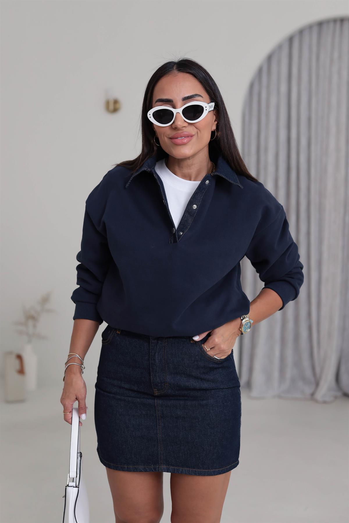 0178 Denim Yaka Tasarım Sweatshirt LACİVERT