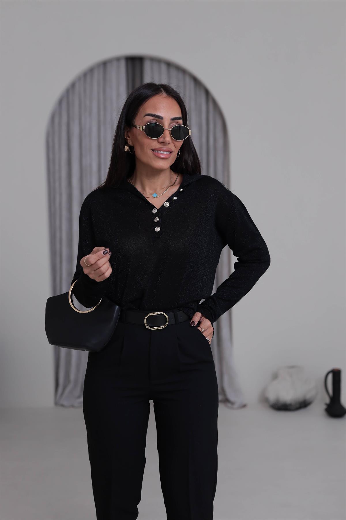 Simli Polo Yaka Bluz SİYAH