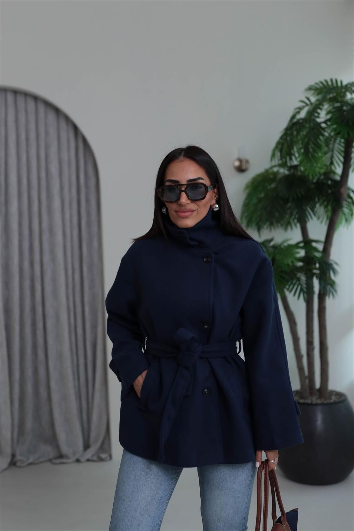 0646 Kuşaklı Yakalı Kaşe Kaban LACİVERT