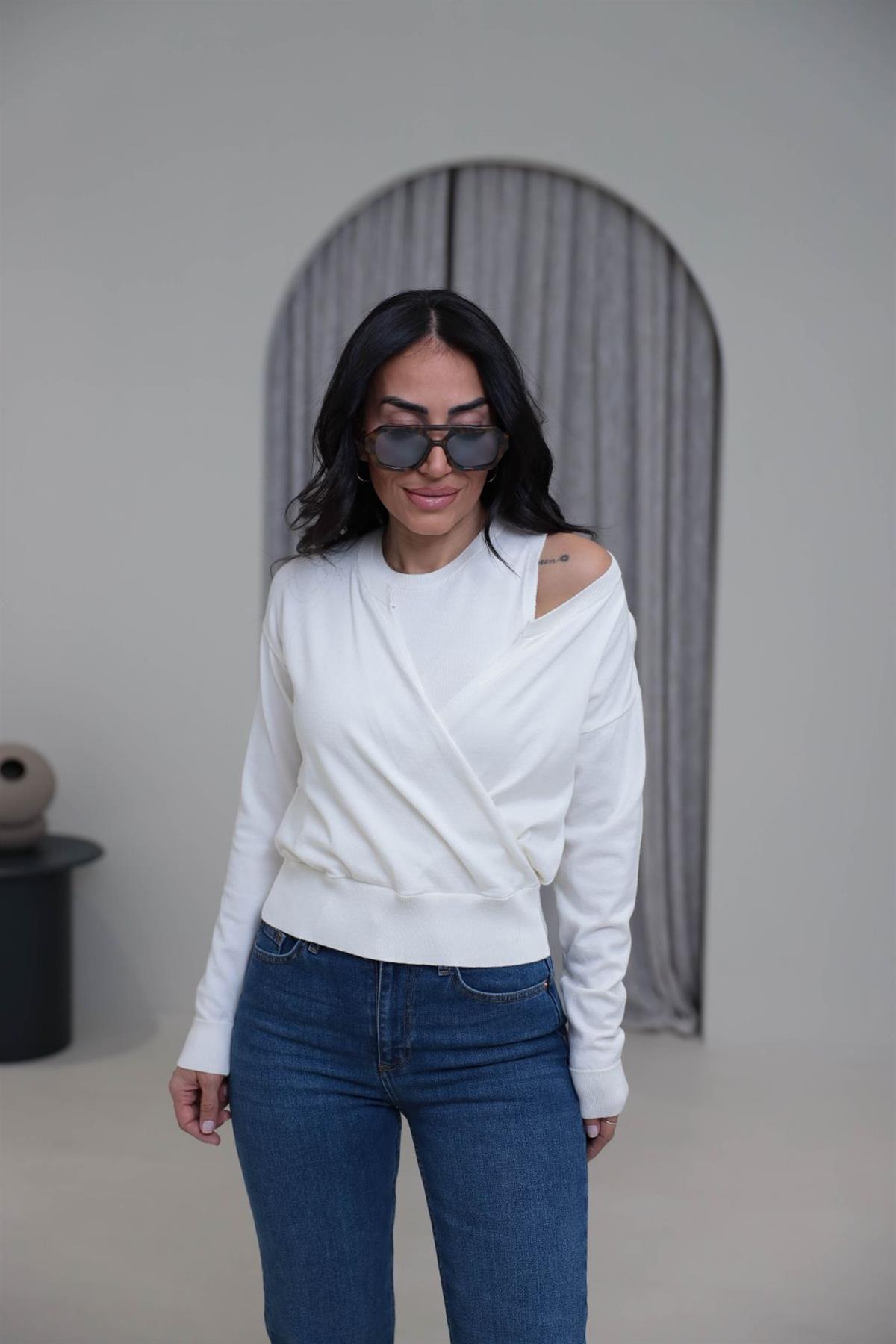 0163 Kruvaze Korsman İkili Takım Triko EKRU