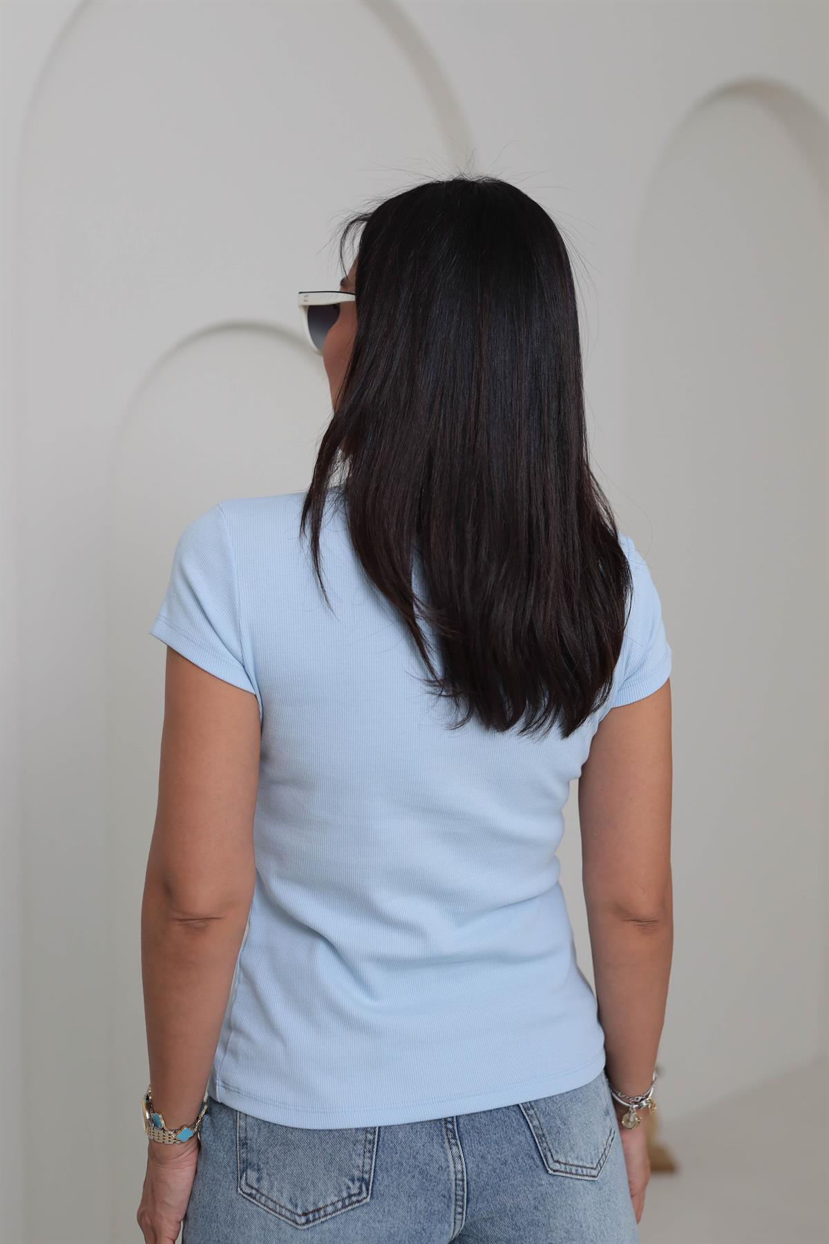 6773 Ribanalı V Yaka Kısa Kol Bluz BEBE MAVİ