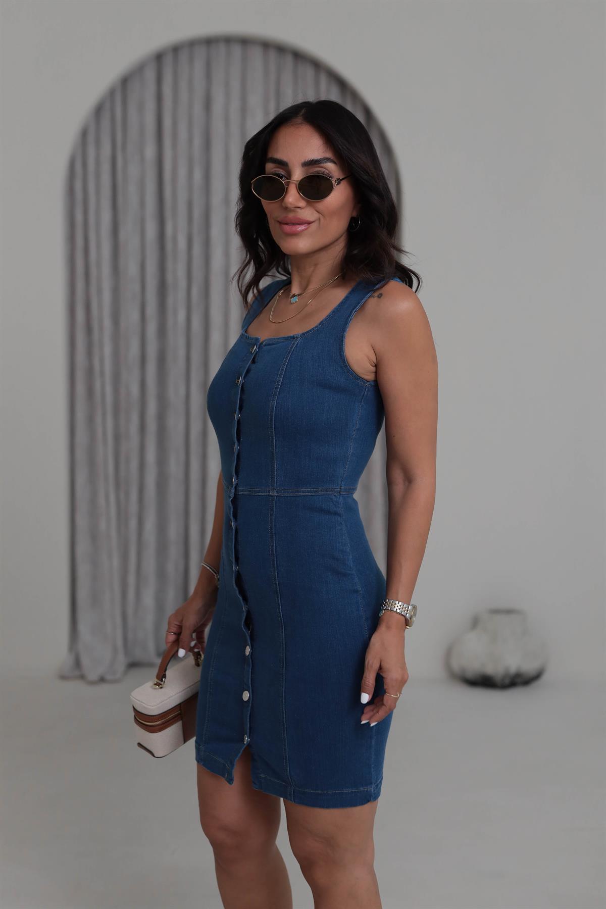 7155 Önü Düğmeli Kalın Askılı Jean Elbise MAVİ