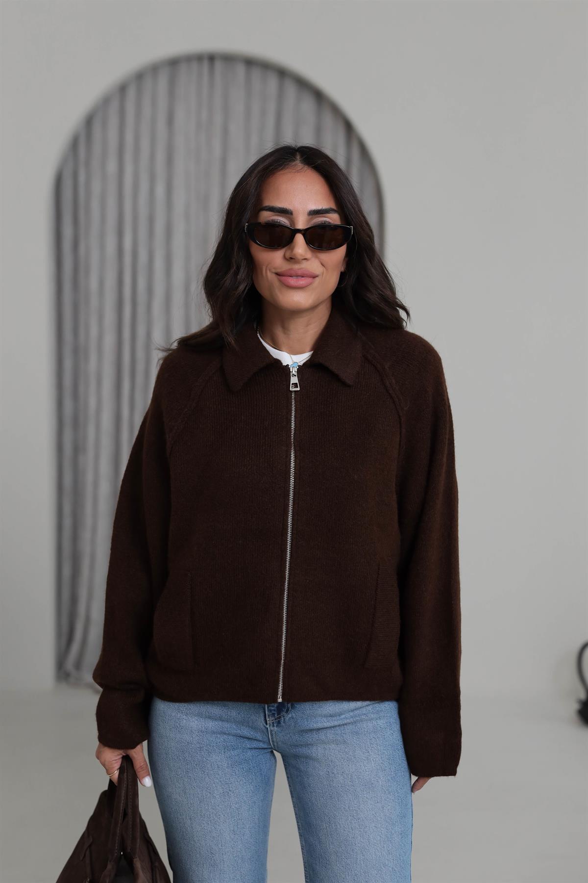 4904 Fermuar Detaylı Reglan Kol Triko Hırka KAHVE