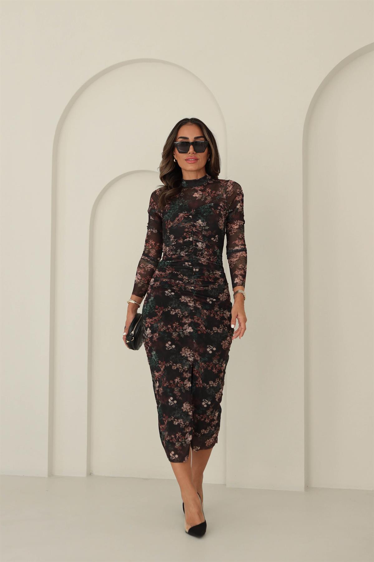 3589 Drapeli Çiçekli Tül Elbise