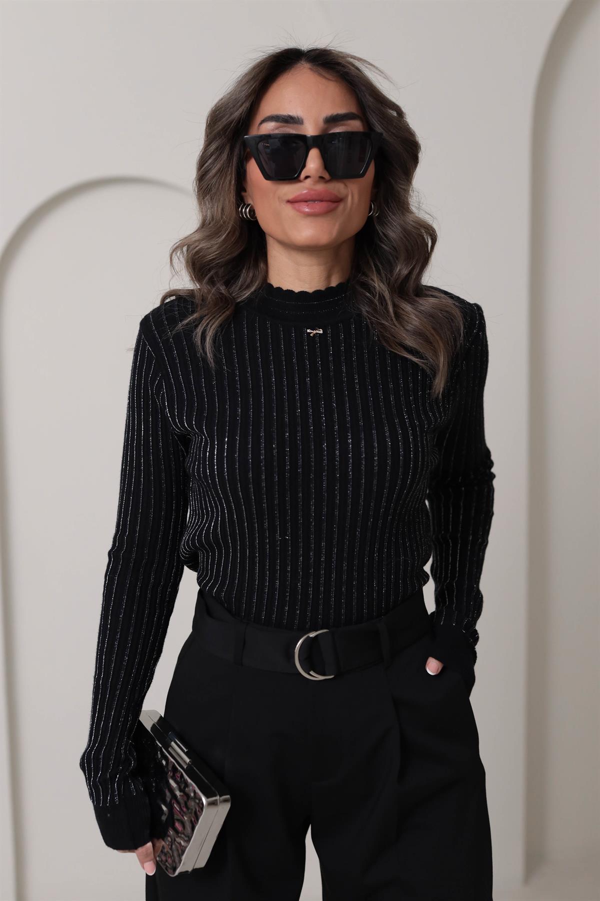 0249 Fitilli Sim İplikli Kurdele Detaylı Triko SİYAH