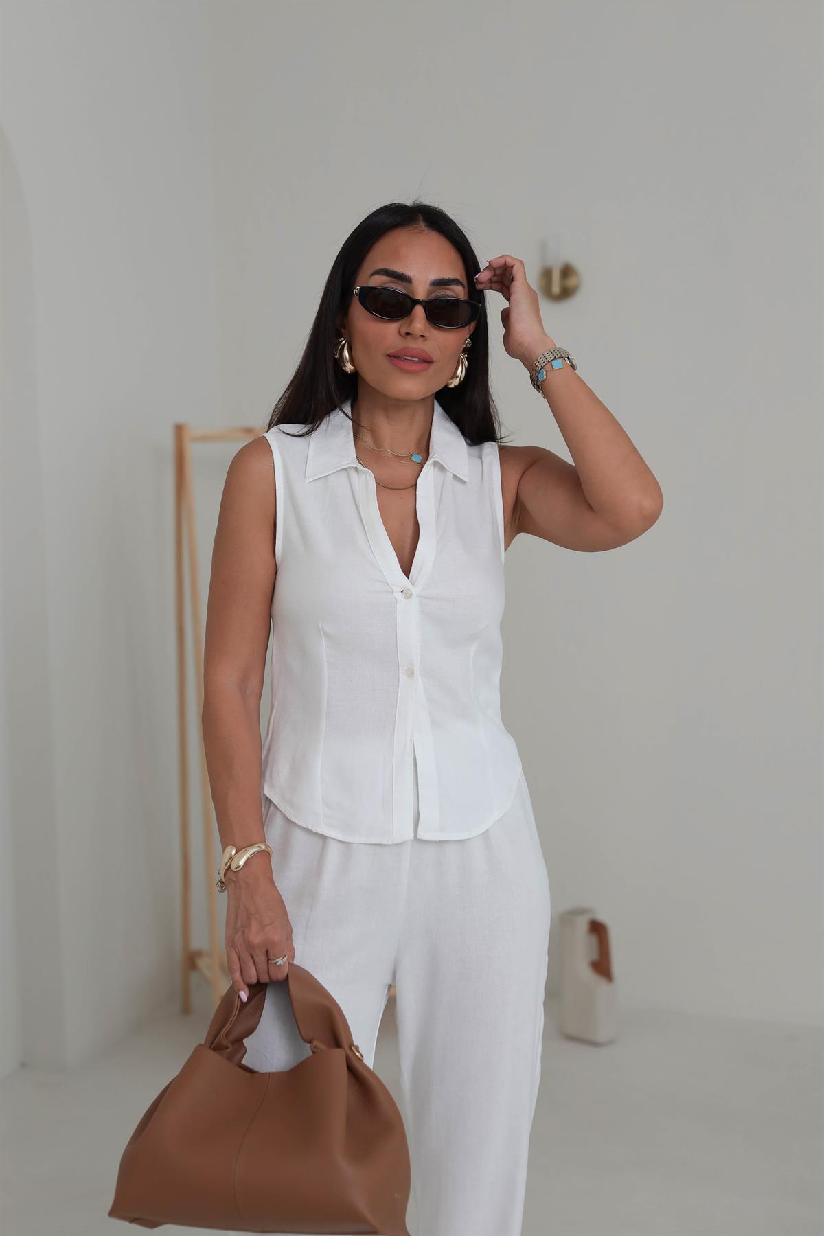 0474 Polo Yaka Yelek & Pantolon Keten Takım BEYAZ