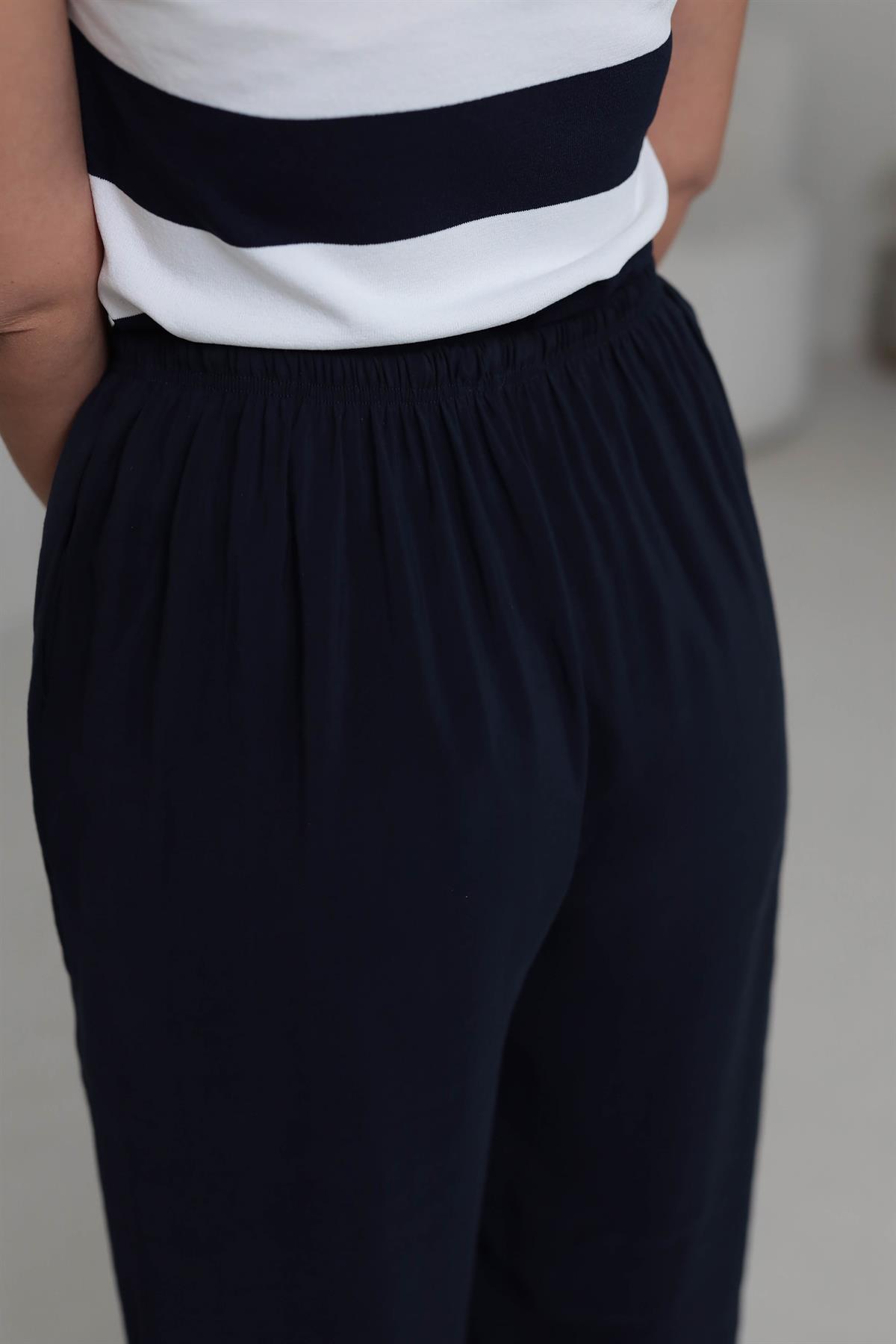 8002 Beli Lastikli Bağcıklı Tencel Pantolon LACİVERT
