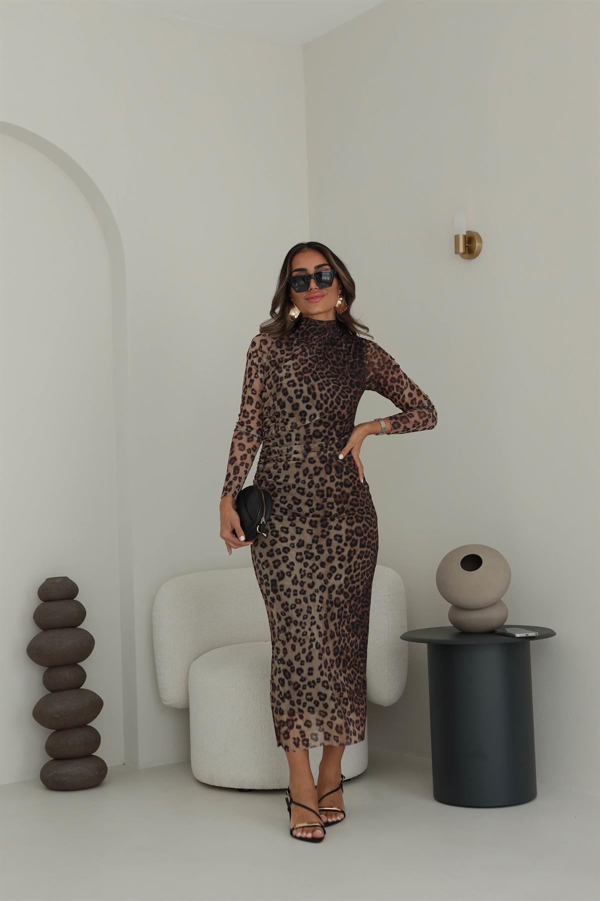 3328 Omuz Drapeli Leopar Elbise LEOPAR