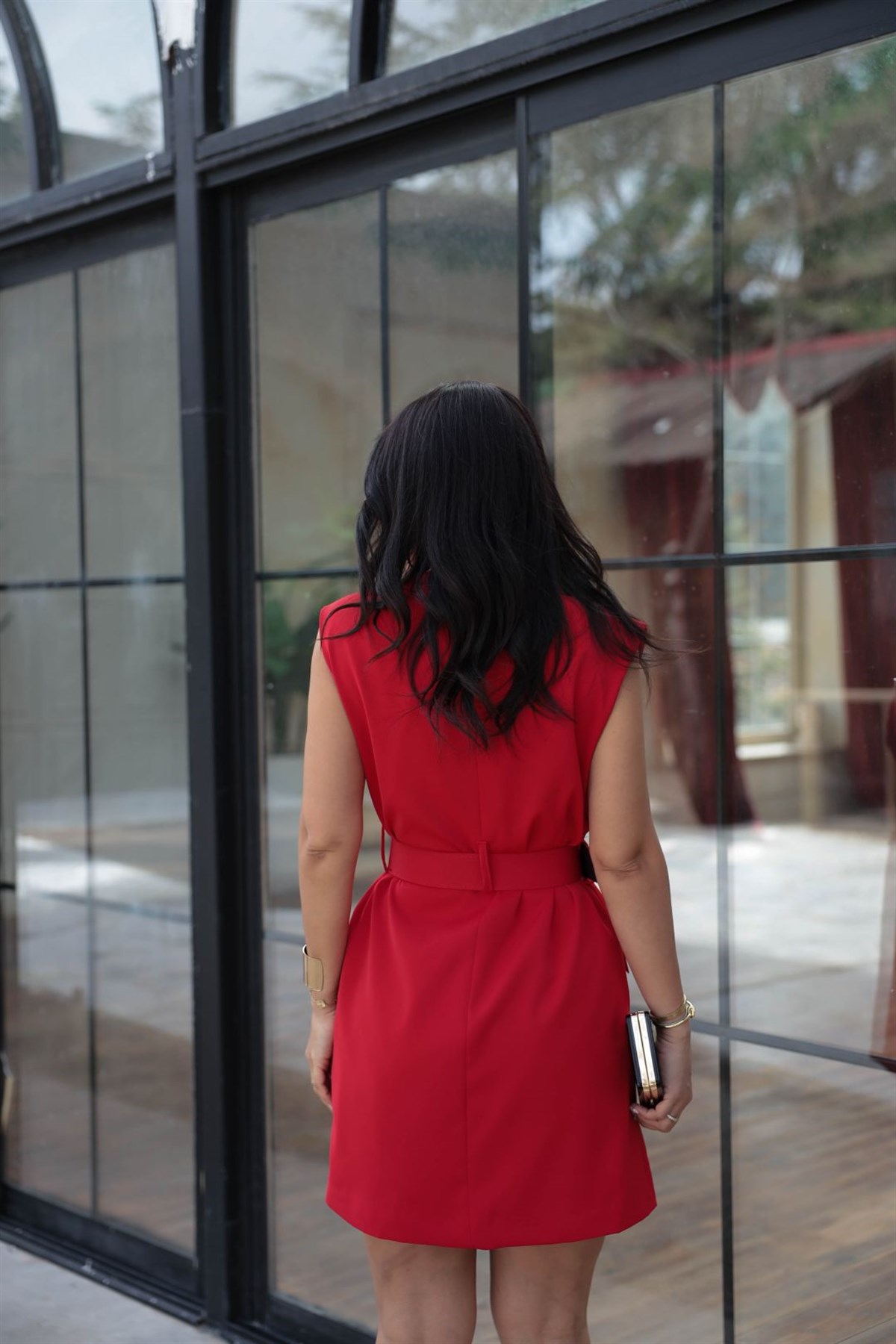 7281 Beli Kemerli Mini Elbise KIRMIZI