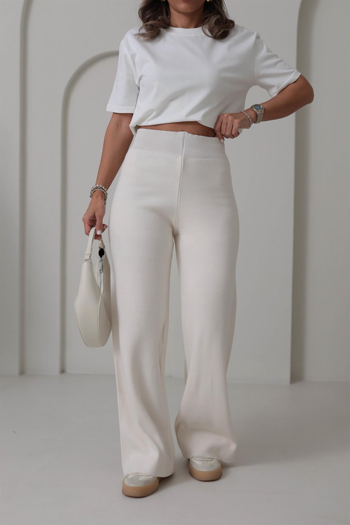 0003 Bol Kalıp Bel Lastikli Triko Pantolon EKRU