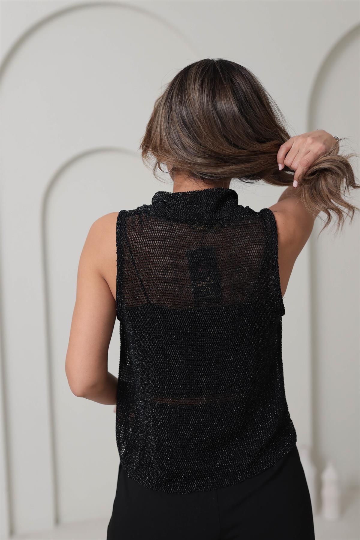 9165 Degaje Yaka Parıltılı File Bluz SİYAH