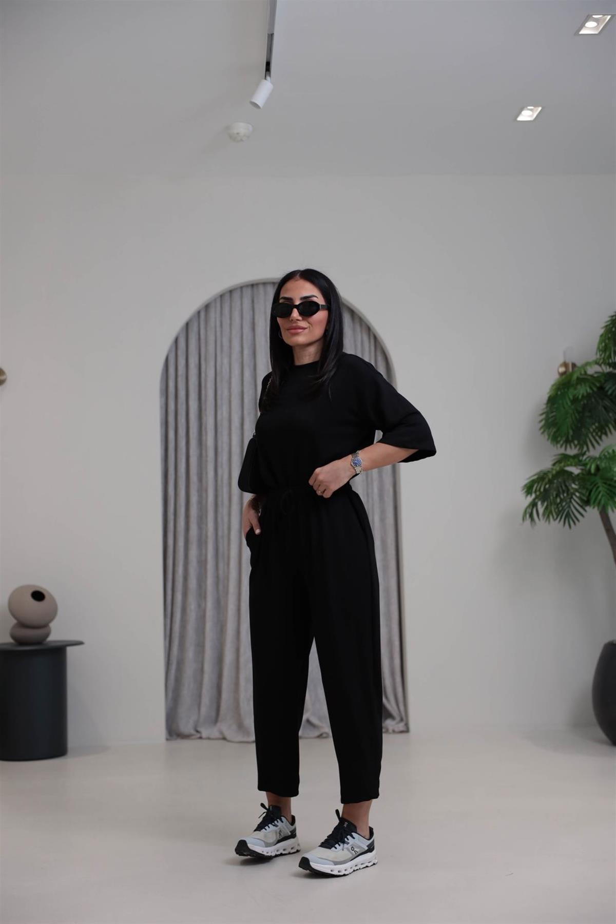 2485 Yanları Yırtmaçlı Kısa Kol Modal Takım SİYAH