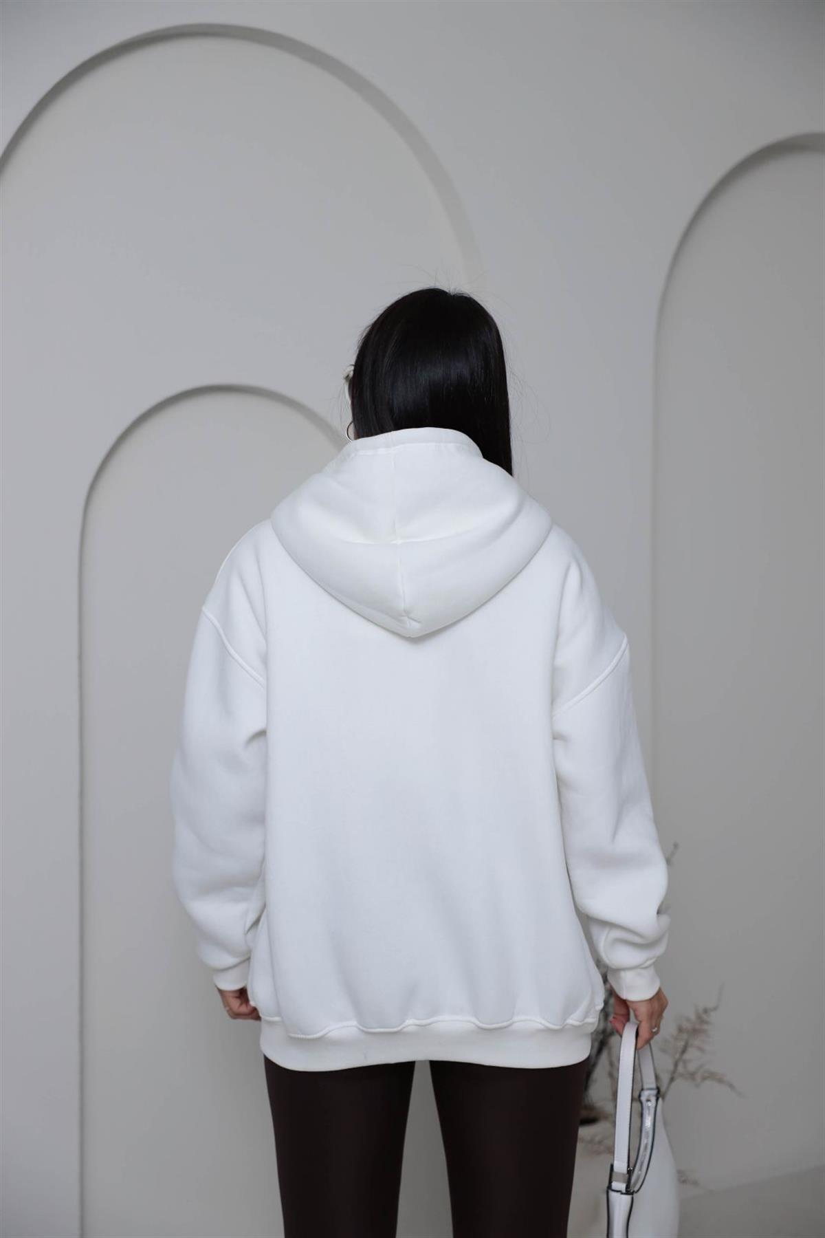 1003 3 İplik Şardonlu Kapşonlu Fermuarlı Ceket EKRU