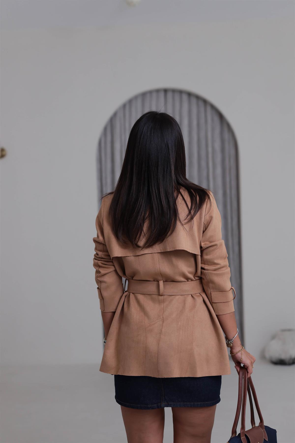 6266 Süet Bel Kuşaklı Midi Trençkot CAMEL