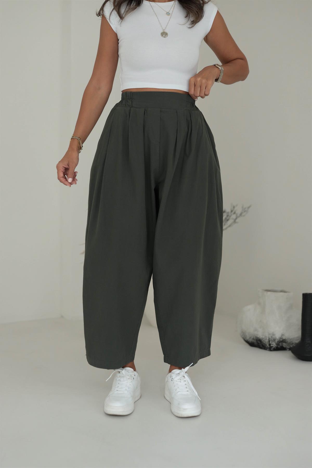 1518 Önden Pileli Salaş Pantalon HAKİ YEŞİL