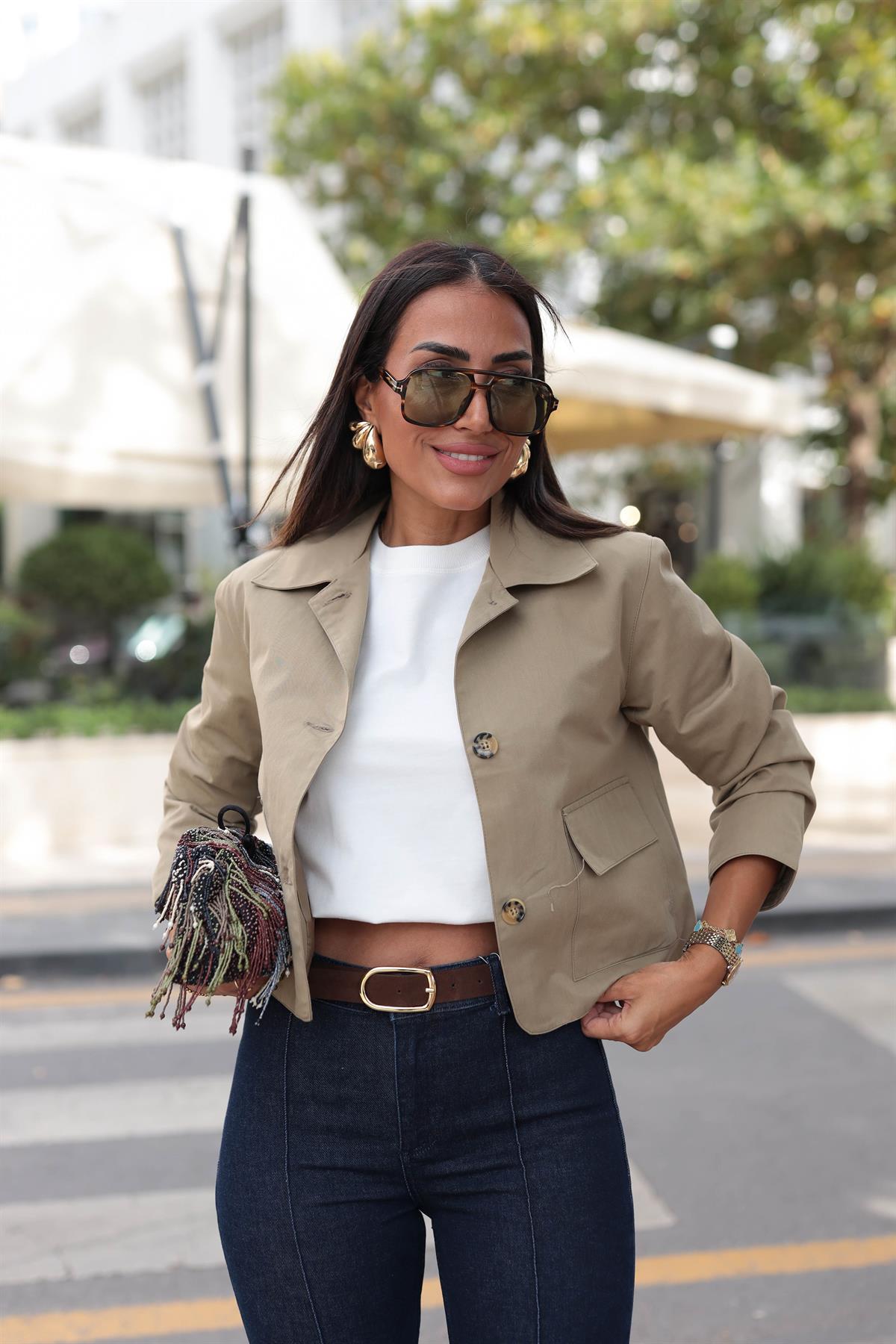 0163 Cep Kapaklı Kısa Trençkot Ceket HAKİ YEŞİL