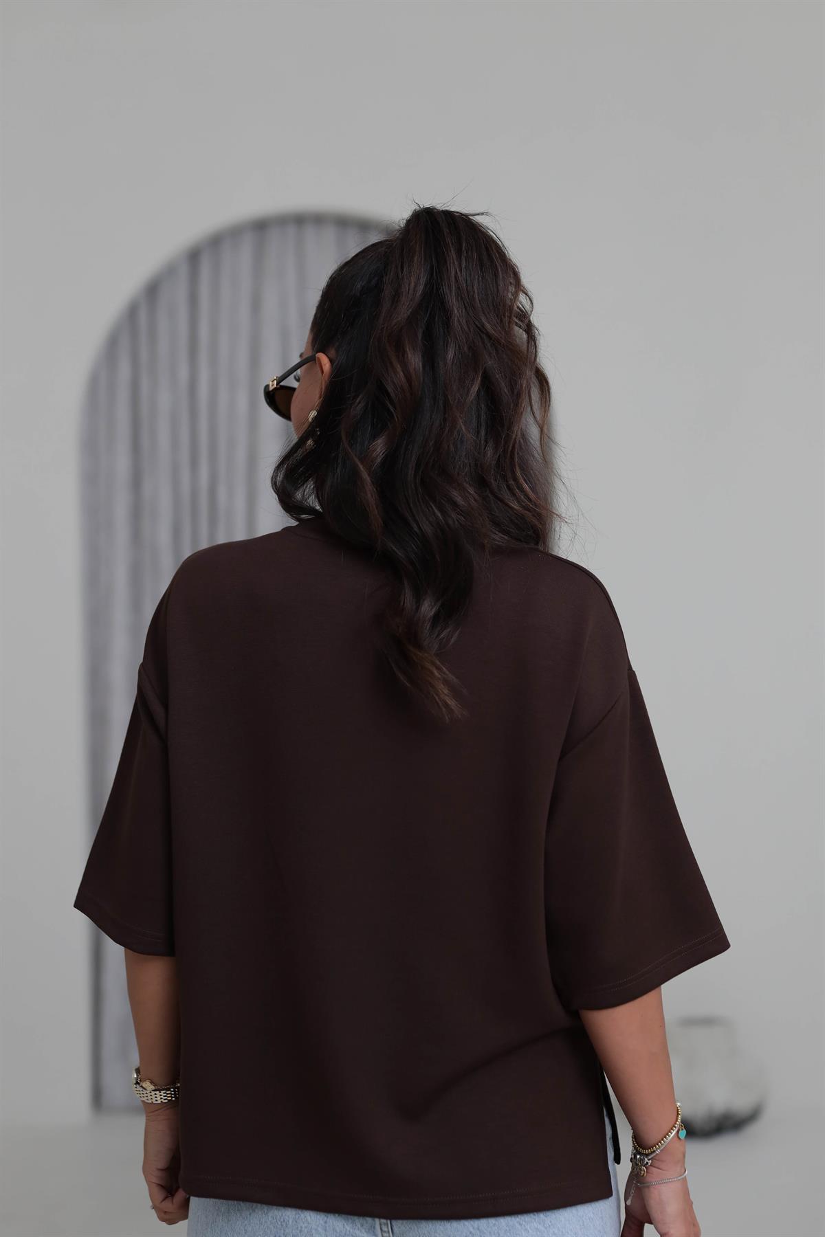 4783 Bisiklet Yaka Rahat Modal Cupra Tshirt KAHVE