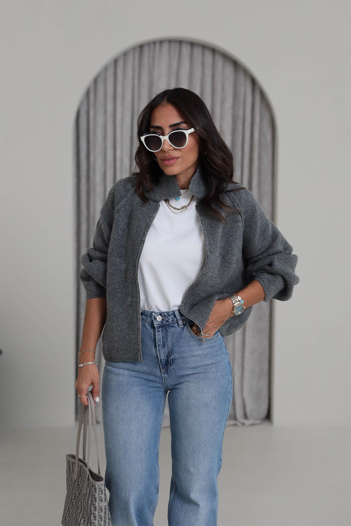 4904 Fermuar Detaylı Reglan Kol Triko Hırka GRİ