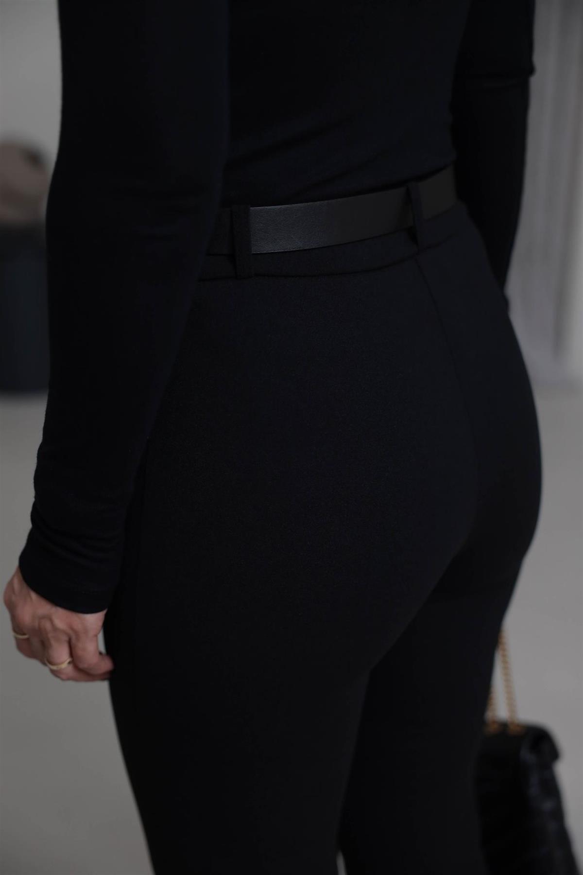 7090 Kemerli Likralı İspanyol Pantolon SİYAH