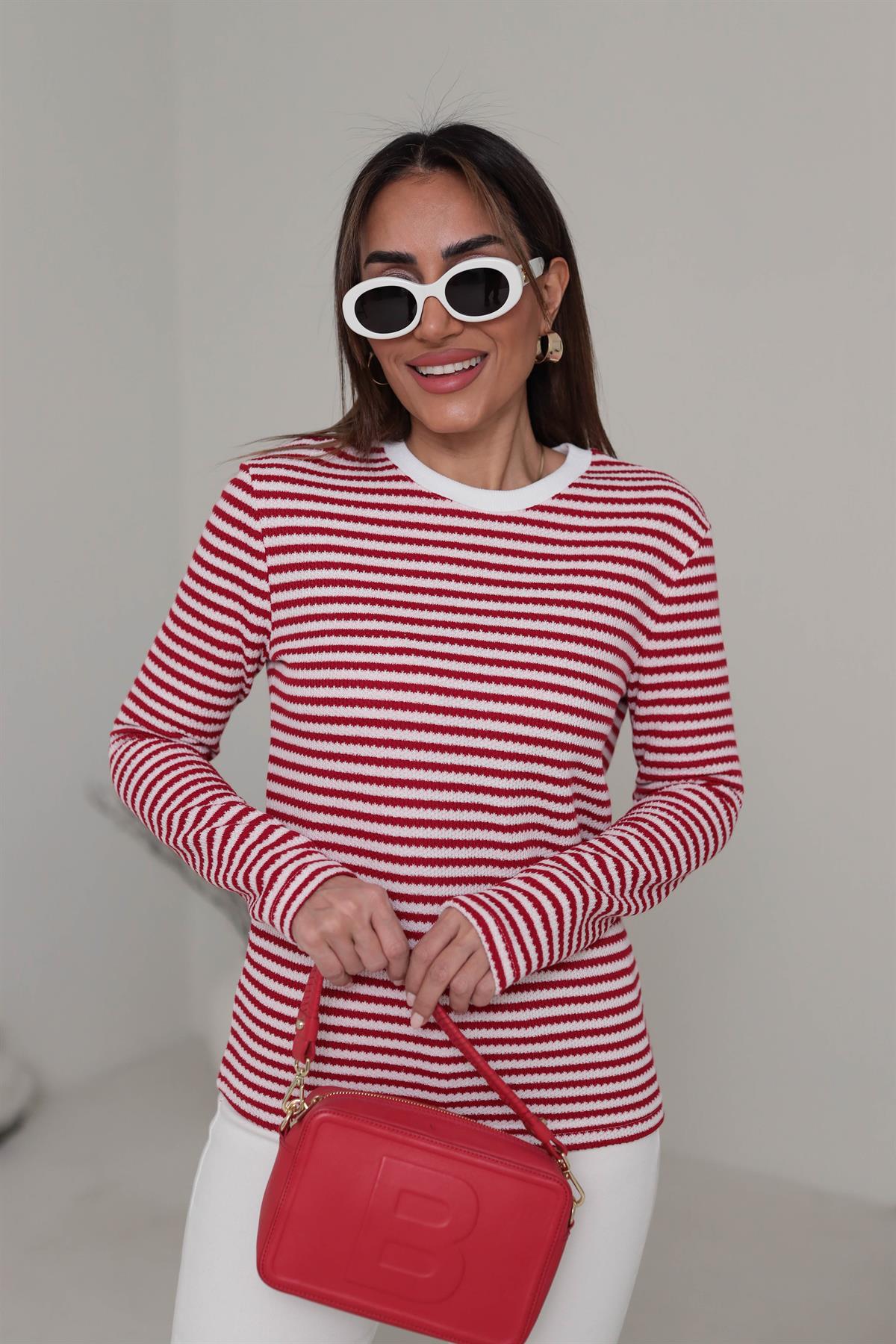 3090 Çizgili Bisiklet Yaka Triko Bluz KIRMIZI