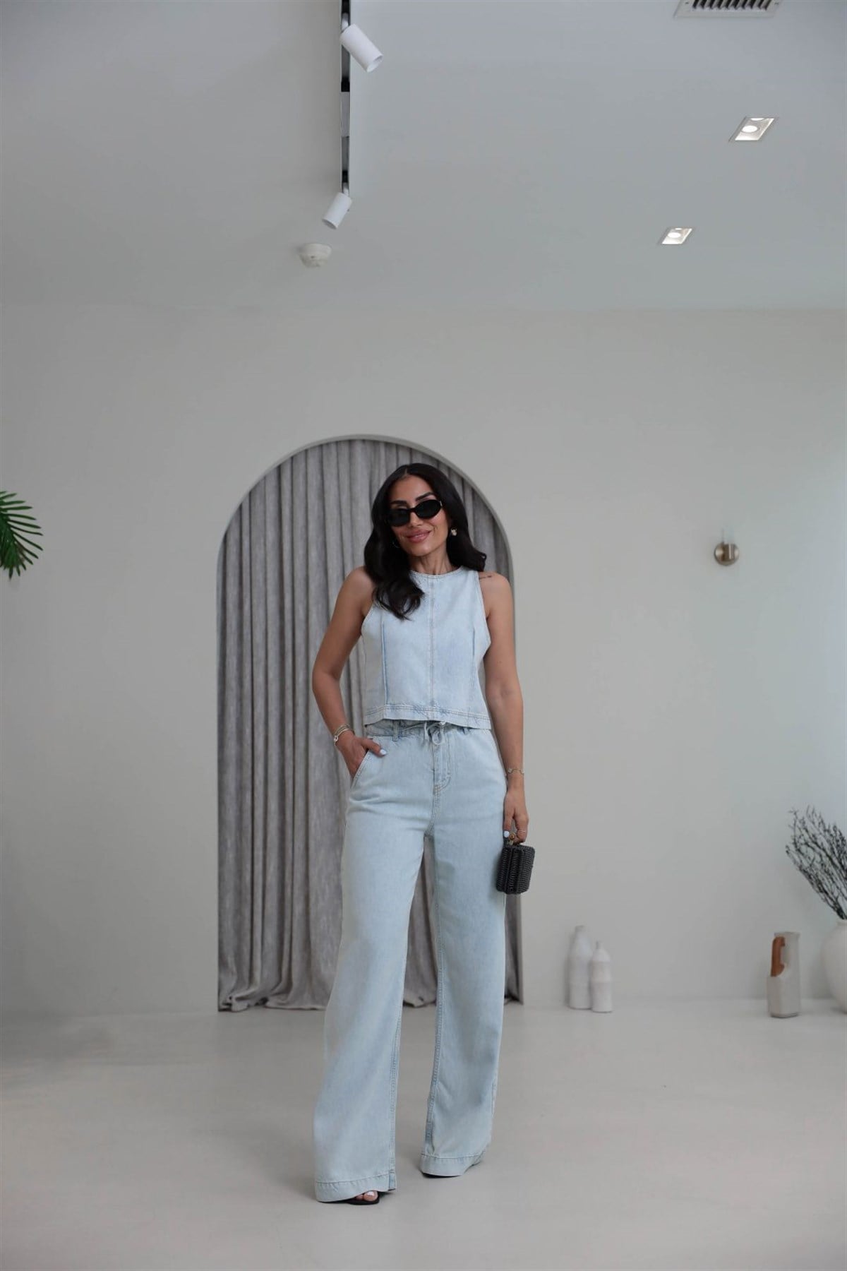 8289 Sıfır Kol Arkası Fermuarlı Tencel Kot Pantolon Bluz Takım BUZ MAVİ