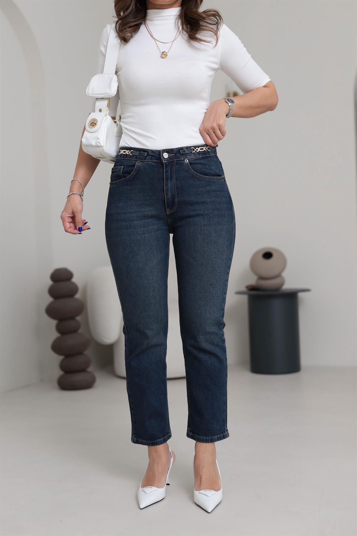 1752 Yüksek Bel Zincir Aksesuar detaylı Pantolon TİNTLİ MAVİ