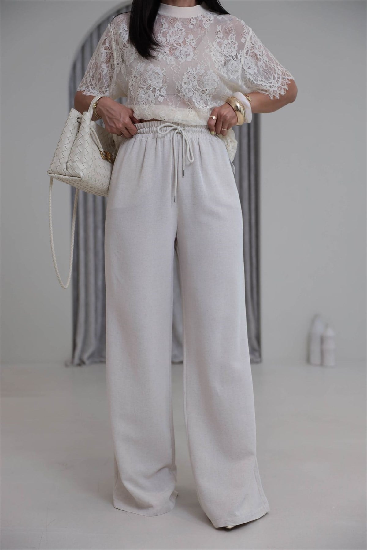 0298 Beli Lastikli Bol Paça Keten Pantolon NATURAL