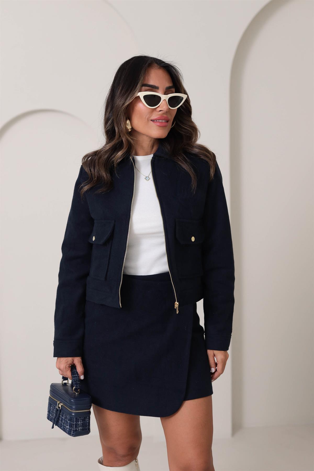 0089 Gold Düğmeli Cep Detaylı Fermuarlı Kaşe Ceket