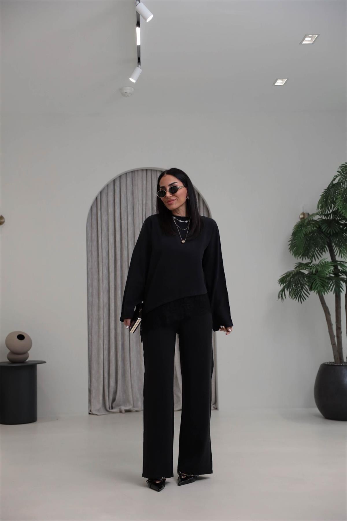 7308 Dantelli Tencel Modal Takım SİYAH