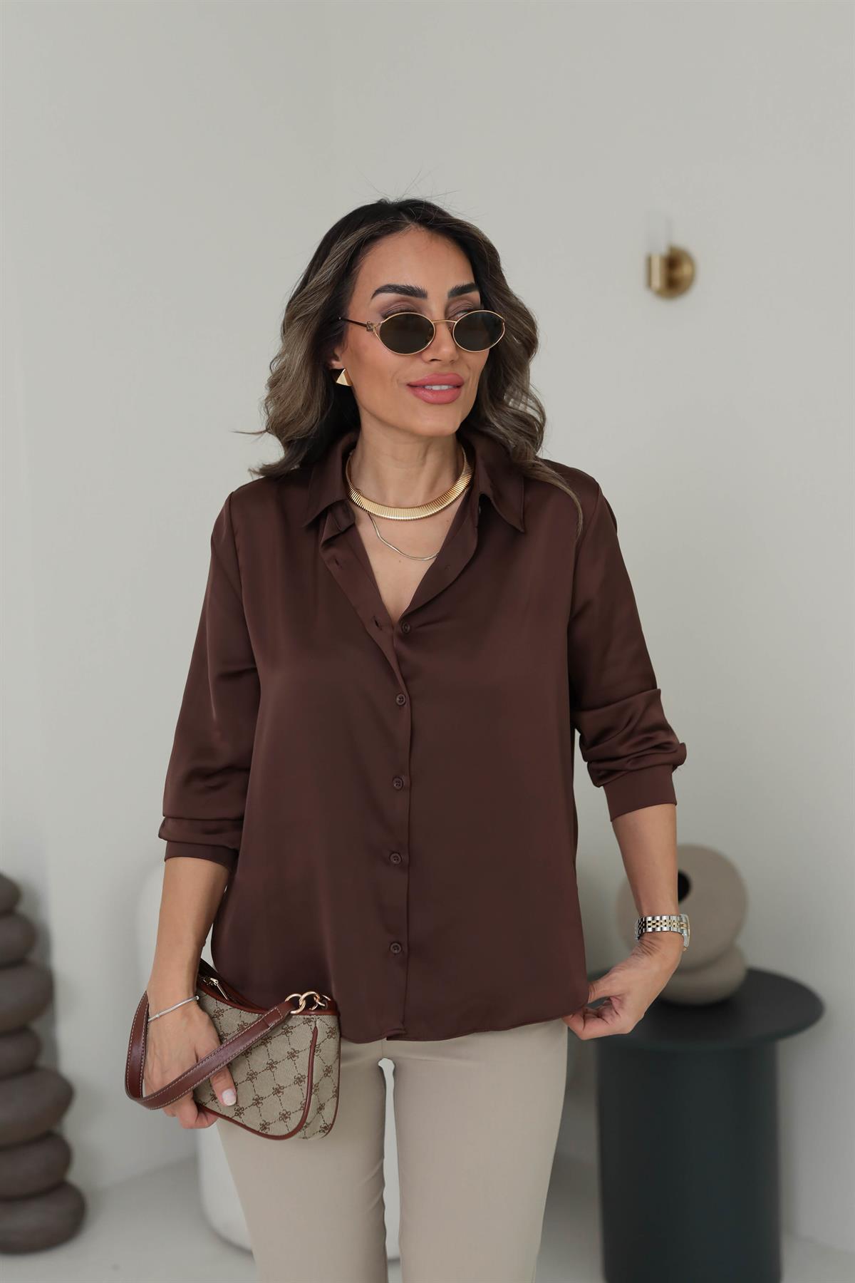 4156 Düz Saten Gömlek ACI KAHVE