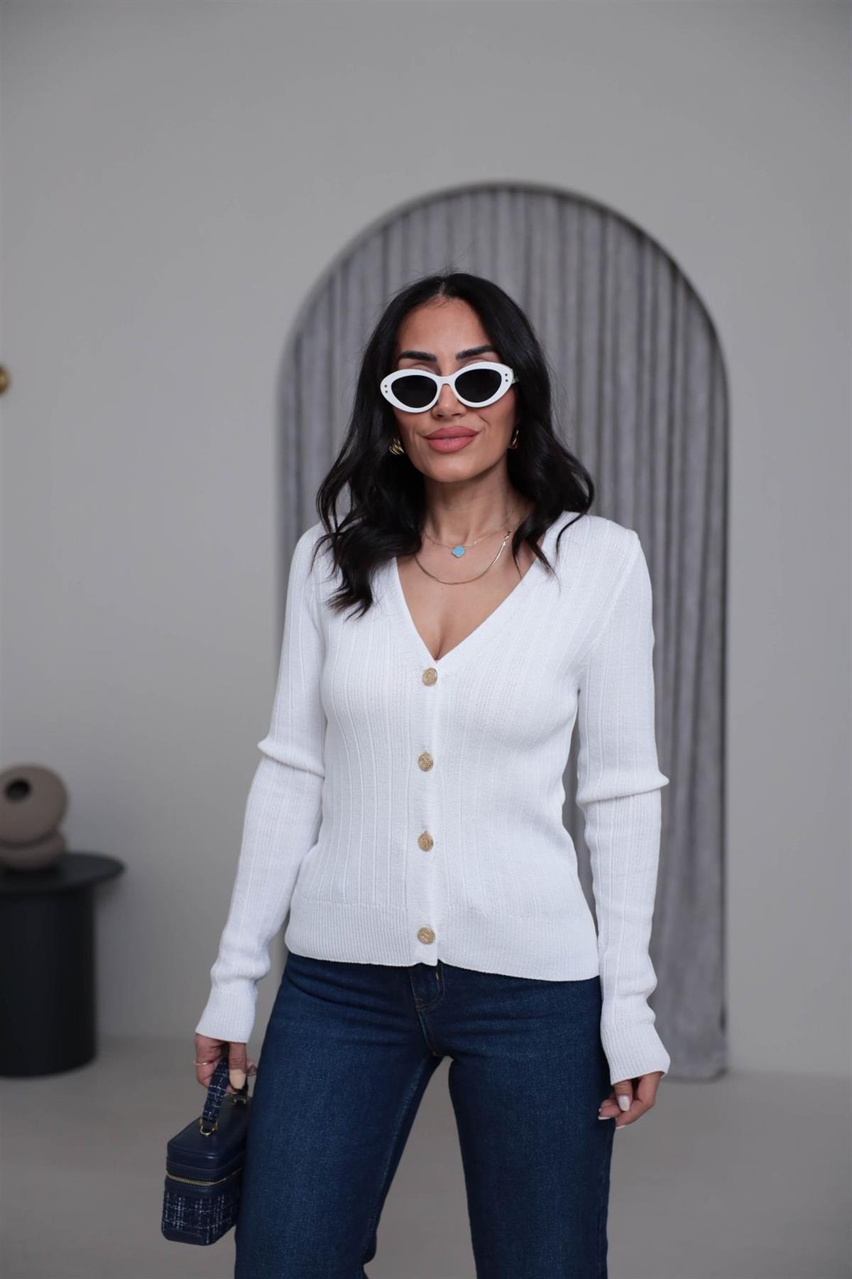 4883 Gold Düğmeli V Yaka Triko Hırka EKRU