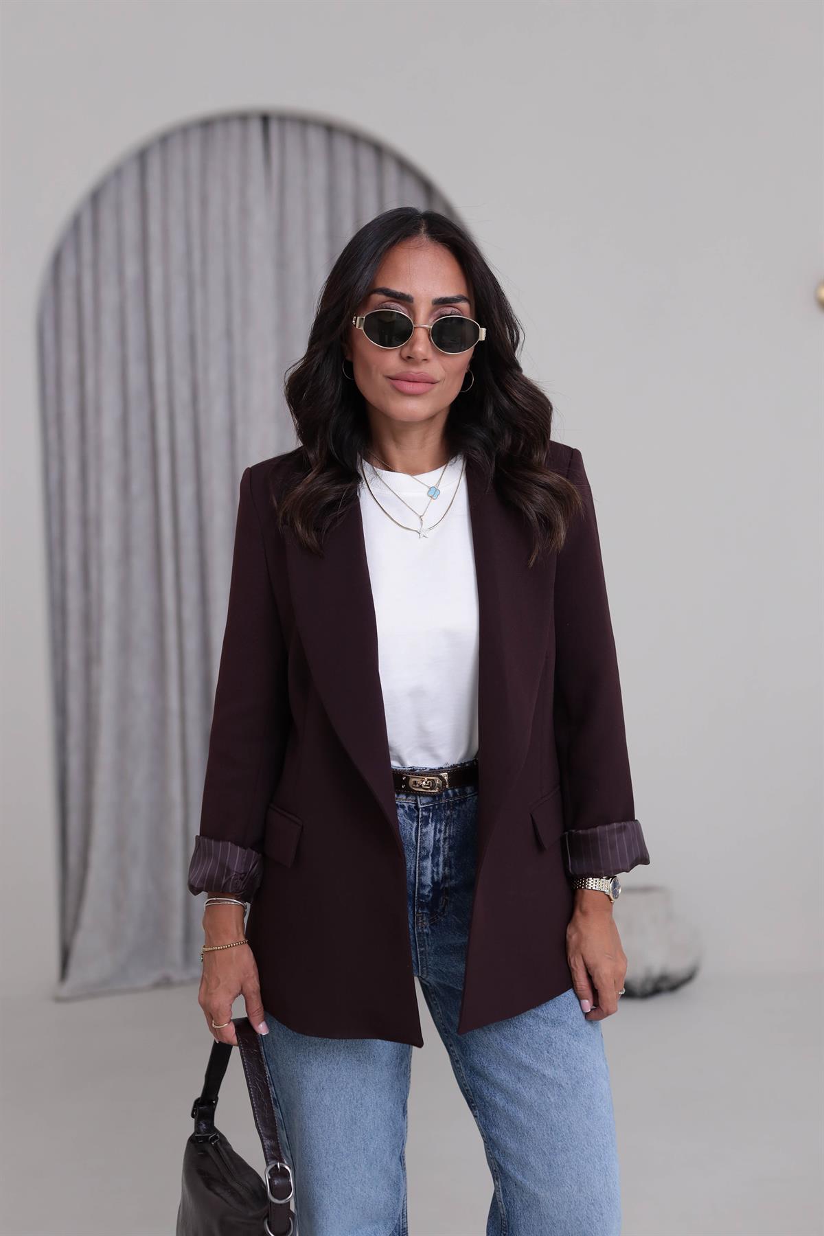 7560 Kol Katlamalı Cep Detaylı Astarlı Ceket MÜRDÜM