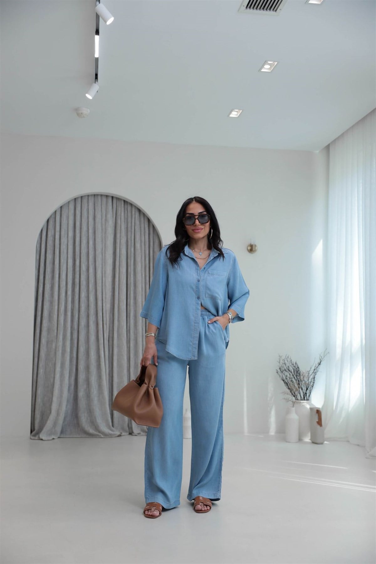 0926 Tencel Kumaş Gömlek ve Pantolon Takım AÇIK MAVİ